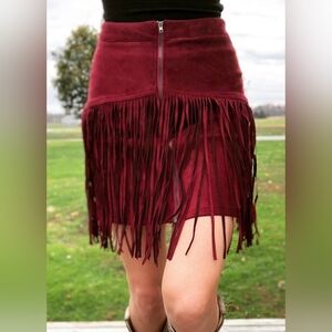 Fringed Wine Mini Skirt